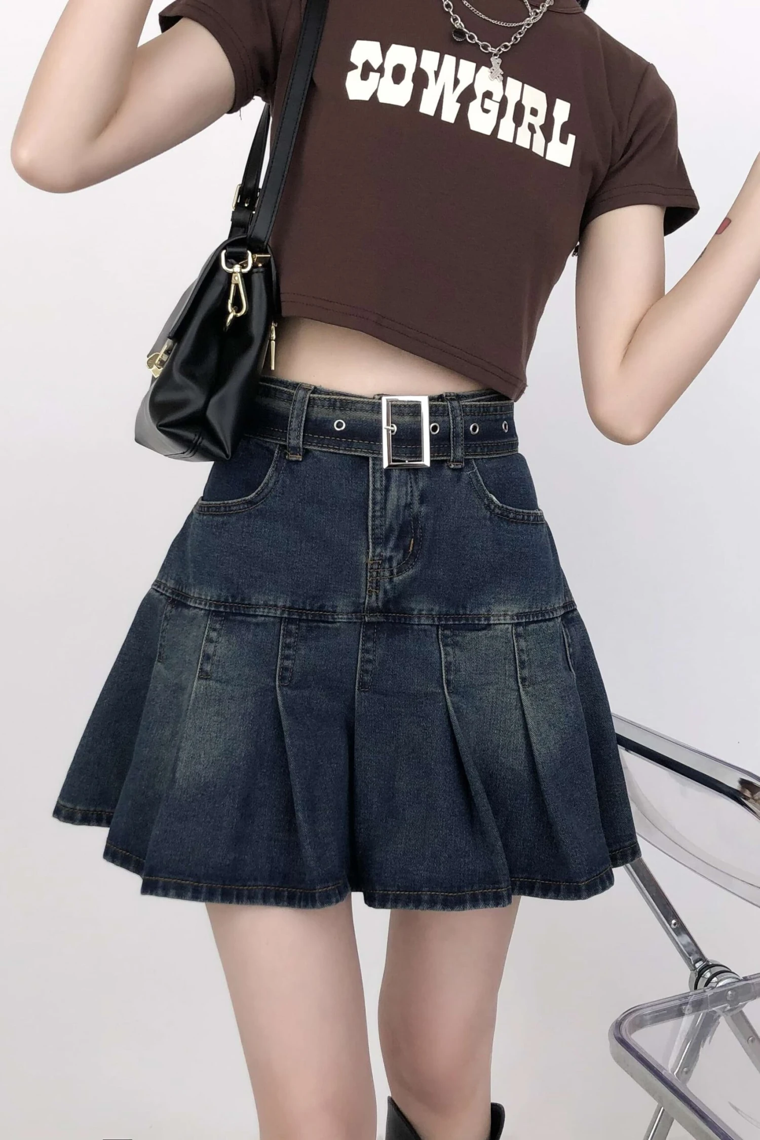 Tier Pleated Mini Denim Skirt With Belt 2 Tier Pleated Mini Denim Skirt With Belt - Image 2