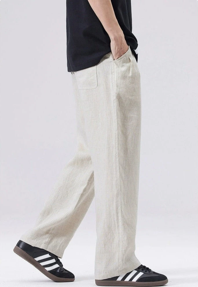 Straight Fit Elastic Waist Linen Trousers 2 Straight Fit Elastic Waist Linen Trousers - Image 2
