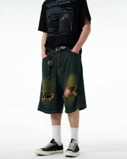 Distressed Denim Bermuda Shorts With Frayed Hems -Modern Wear Shop 36b44da4d1deb2381770384473cd6a7f