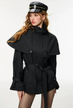 Oversized Stand Collar Trench Coat With Cape And Belt -Modern Wear Shop 36c60b4d4fc7256265edabde9740843e