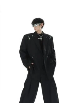 Oversized Double-Breasted Blazer With Peak Lapels And Silver Accents -Modern Wear Shop 36e41edeb8779c287c956e03841345d9