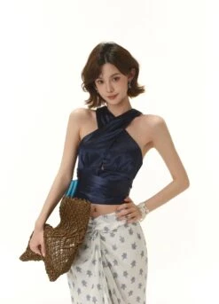 Satin Crisscross Halter Neck Wrap Crop Top