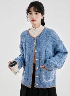 Cable Knit Contrast Trim Oversized Cardigan -Modern Wear Shop 370d8ec8a3a72ee30ea6426403938dc0