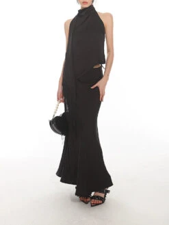 Backless Halter Neck Top And Flare Maxi Skirt Two-Piece Set -Modern Wear Shop 375f361b6b346c4f6f2a125c5f3ff0e8