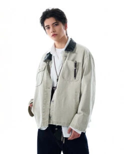 Faux Leather Collar Distressed Denim Worker Jacket -Modern Wear Shop 376bade5abb83da070dd7b92c3412bd2