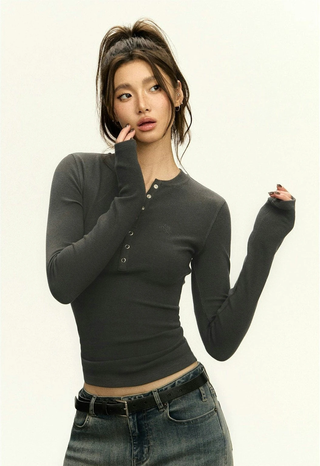 Ribbed Long Sleeve O-Neck Henley Top 18 Ribbed Long Sleeve O-Neck Henley Top - Image 18