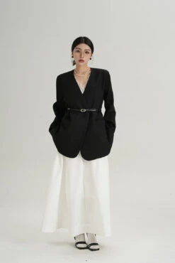 Oversized Lapelless Single-Button Blazer With Belt -Modern Wear Shop 37ae145c1b1d2d824f24ec352ad54c26