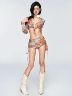 Tie-Front Abstract Print Long-Sleeve Bikini Set -Modern Wear Shop 37c37935e81b801dab91d5713fb15e86