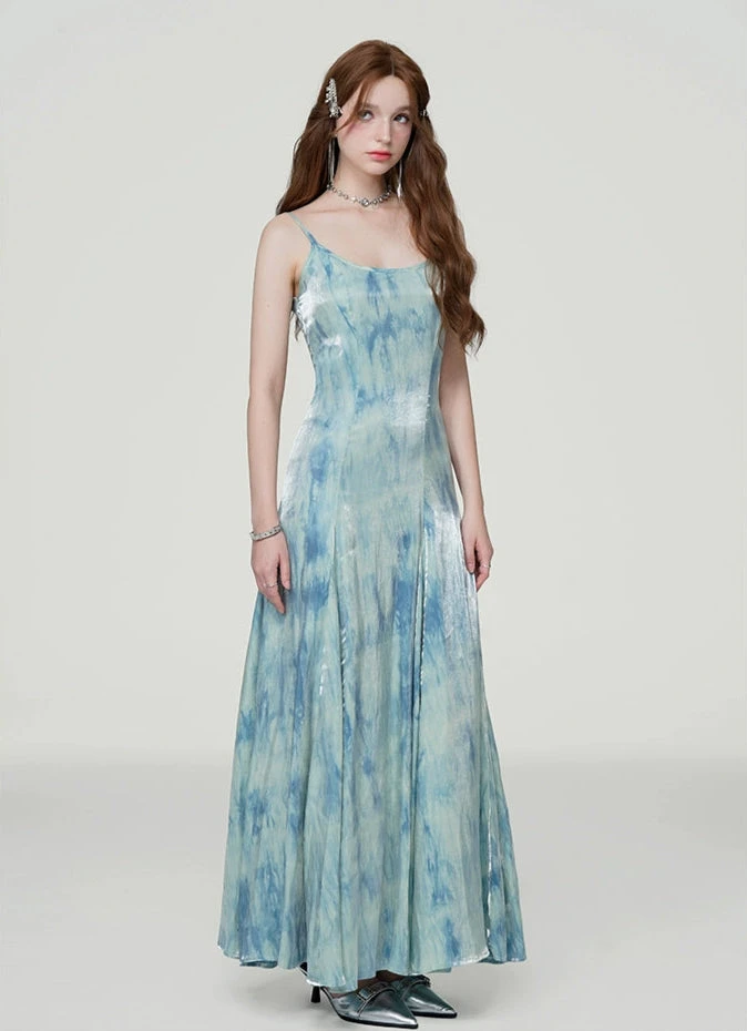 Iridescent Tie-Dye Spaghetti Strap Flared Maxi Dress 3 Iridescent Tie-Dye Spaghetti Strap Flared Maxi Dress - Image 3