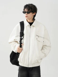 Oversized Leather Collared Bomber Jacket With Zip Pockets -Modern Wear Shop 37cf52104a9b96bc059e606116c17a9a