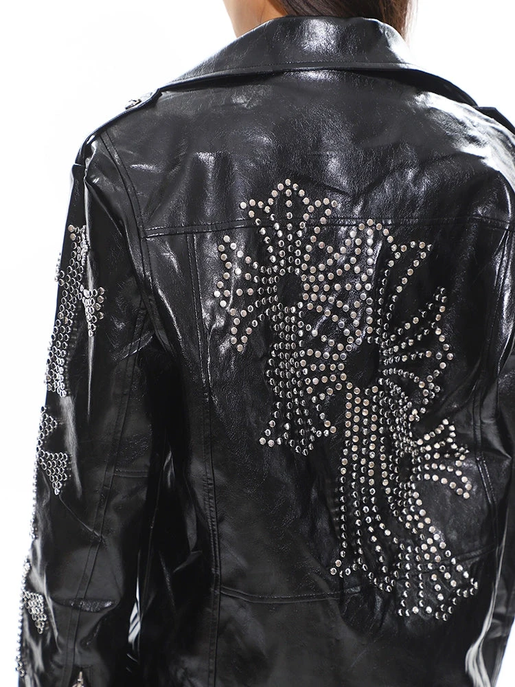 Studded Faux Leather Biker Jacket With Belted Hem And Zipper Details 5 Studded Faux Leather Biker Jacket With Belted Hem And Zipper Details - Image 5