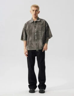 Distressed Crosshatch Button-Up Overshirt With Frayed Hem -Modern Wear Shop 37fcf482c3e63a5b07dee07c936f66b8