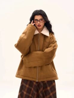 Oversized Contrast Shearling Collar Zip Jacket -Modern Wear Shop 3806955eb772791d9b591060a7b6c82c