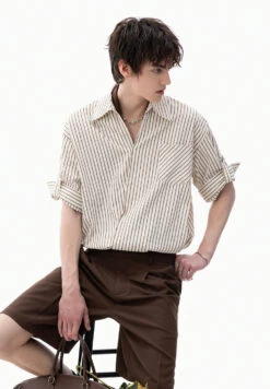 Stripe Overlap Short Sleeve Button-Up Shirt With Chest Pocket -Modern Wear Shop 381c309f2e0cc401c9c72ab23ad205cd