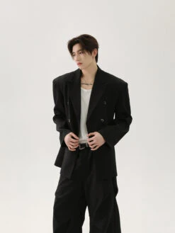 Structured Double-Breasted Blazer With Shoulder Pads And Wide Lapel -Modern Wear Shop 3889d63e3a122abbd72e6b10fbf6951f