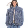 Distressed Trim Stripe-Washed Boxy Denim Jacket