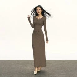 Half Button Long Sleeve Ribbed Maxi Dress -Modern Wear Shop 390c50b275dc959b55a680bc6788b4cb