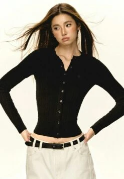 Ribbed Cable Knit Cardigan With Button Front -Modern Wear Shop 39235de9cf926f8ddf4ca58b4f95f1fb