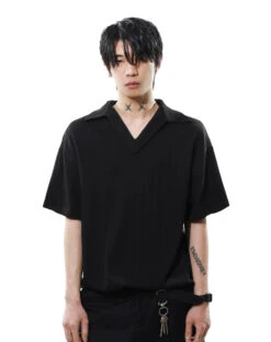 Textured Knit V-Neck Polo Collar Short Sleeve Top -Modern Wear Shop 396082176095f865dab2e70a3799a6b0