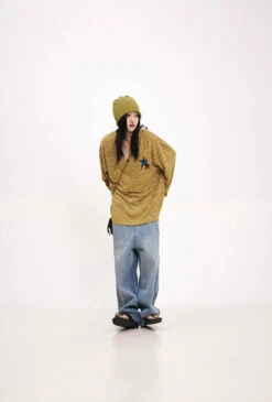 Oversized Heathered Long Sleeve Star-Print Tee -Modern Wear Shop 3988c19403969222f277f42741894357