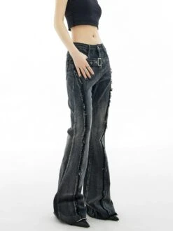 Distressed Stitch Flare Denim Jeans With Metallic Detail Belt -Modern Wear Shop 39e9b9aeb53943b46f4bcfc061d1b787