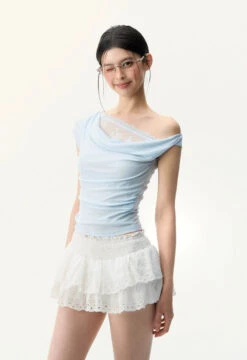 Off Shoulder Mesh Lace Panel Asymmetric Top -Modern Wear Shop 3a1029f9607c9b4e95410486d6277b5a