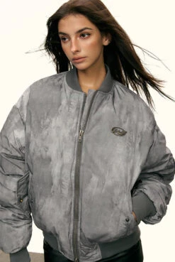 Oversized Faded Bomber Jacket With Ruched Sleeves And Utility Pockets -Modern Wear Shop 3a17237df365009cf71b8e289bedc3d6