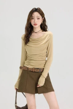 Cowl Neck Ruched Side Long Sleeve Top -Modern Wear Shop 3a3134aa3798074205a6e191459a58fd