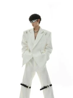 Oversized Double-Breasted Blazer With Peak Lapels And Silver Accents -Modern Wear Shop 3a6a0b062727595d0cfd60742f12ea6f