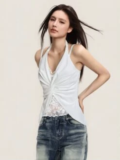 Mock Layered Lace Twist Front Halter Neck Top -Modern Wear Shop 3ab4c345db3365cad078ee437a131ec5