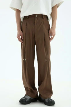 Pleated Straight Fit Pants With Knee Buttons