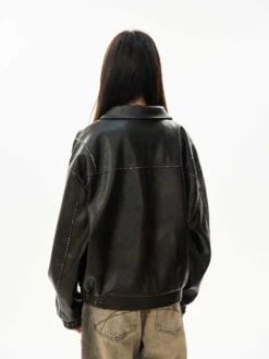 Faux Leather Bomber Jacket With Elastic Cuffs And Hem -Modern Wear Shop 3ad9764dbe36d859bc2f6335cac86e39