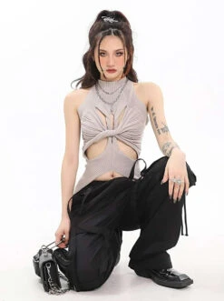 Ribbed Twisted Cutout Split Hem Top -Modern Wear Shop 3b0b0476fd31729804cacffb605e55e0