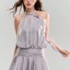 Shimmer Halter Neck Flared Ruffle Mini Dress