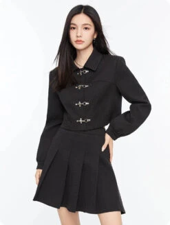 Boxy Collared Crop Jacket With Fireman Buckles And Mini Skirt Two-Piece Set