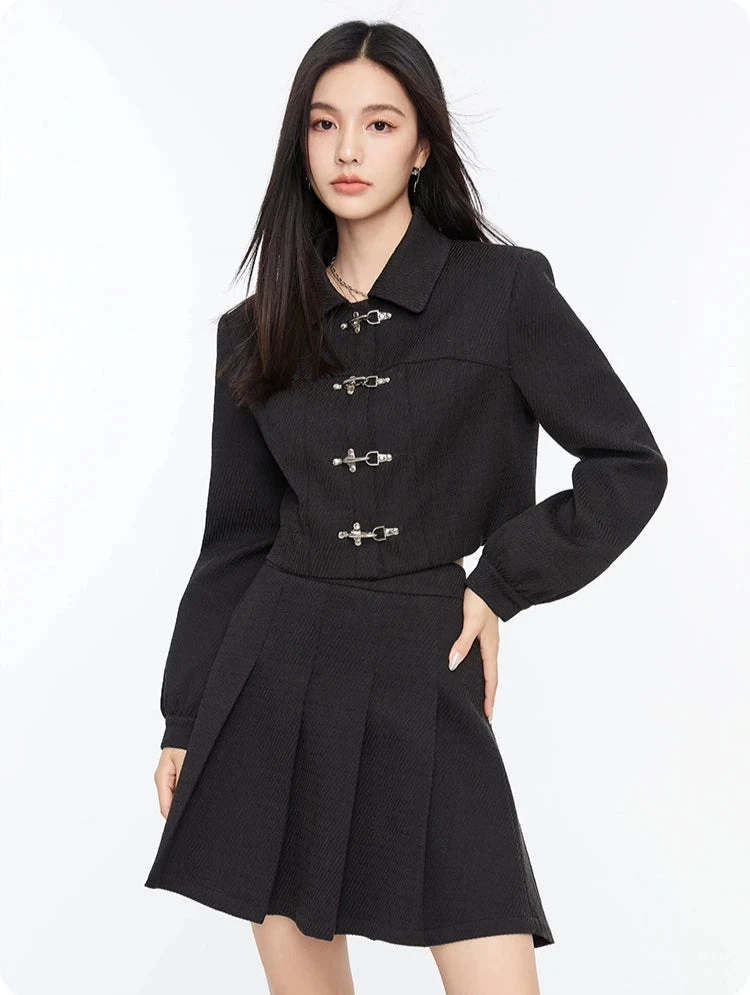 Boxy Collared Crop Jacket With Fireman Buckles And Mini Skirt Two-Piece Set 1 Boxy Collared Crop Jacket With Fireman Buckles And Mini Skirt Two-Piece Set