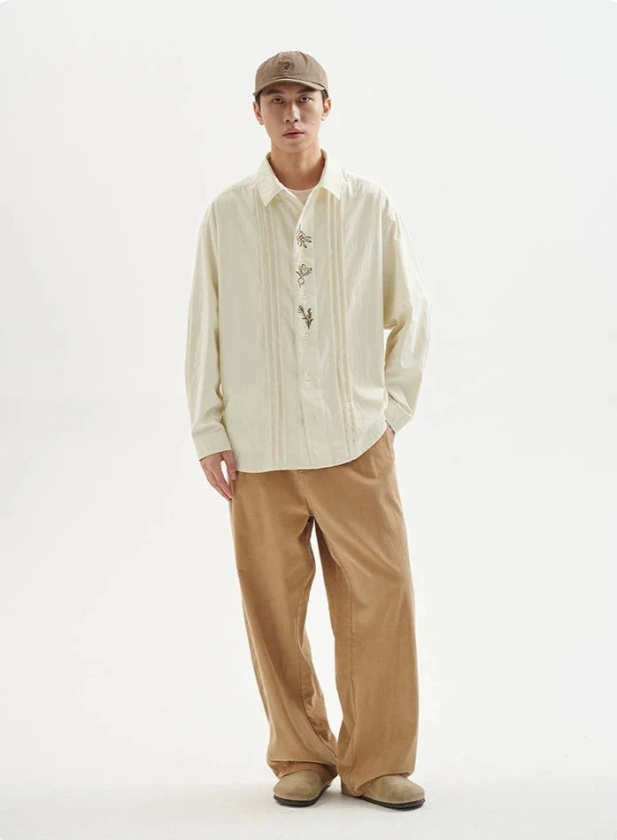 Pleated Button Down Long Sleeve Shirt With Embroidery Detail 12 Pleated Button Down Long Sleeve Shirt With Embroidery Detail - Image 12