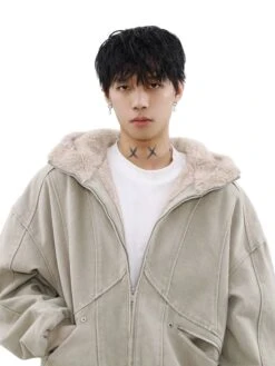 Sherpa-lined Hooded Suede Bomber Jacket -Modern Wear Shop 3c664724608356b7a63dad2e26824ef6