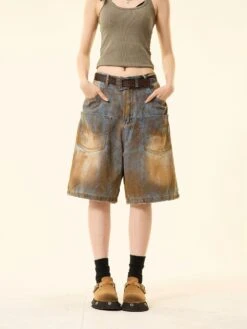 Sandblast Denim Bermuda Shorts With Oversized Pockets