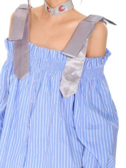 Necktie Strap Ruched Shoulder Stripe Button Top -Modern Wear Shop 3cf69ce1feb08c9663370e176db08e52