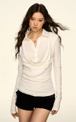 Draped Collar Mock Layered Long Sleeve Top