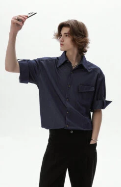 Button-Up Shirt With Rolled Tab Sleeves And Chest Pocket -Modern Wear Shop 3d59edff3b8ade94b93098a1c0822727