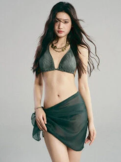 Ribbed Triangle Bikini Set With Sheer Sarong Wrap