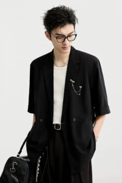 Single Breasted Short Sleeve Blazer With Chain Brooch Detail -Modern Wear Shop 3d9b68370179b73e10187a8514dac3cf
