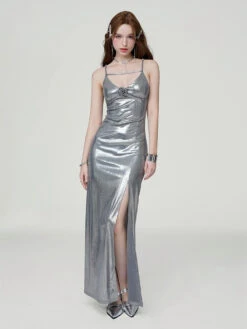 Metallic Sheen Slip Dress With Thigh-High Split