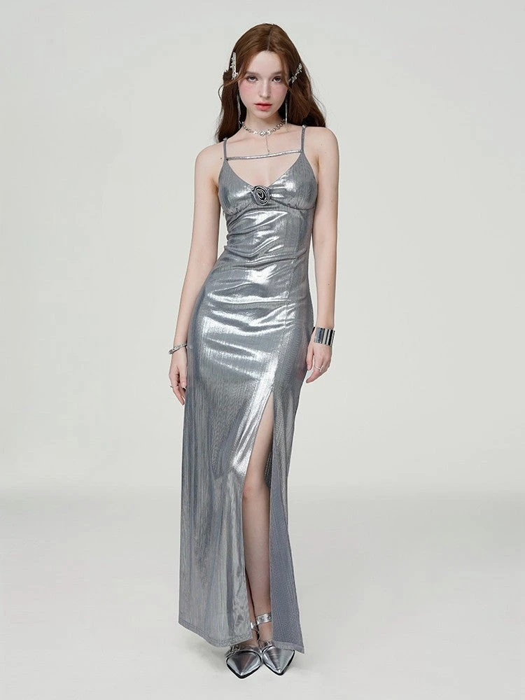 Metallic Sheen Slip Dress With Thigh-High Split 1 Metallic Sheen Slip Dress With Thigh-High Split
