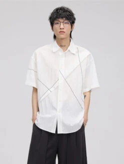 Asymmetrical Stitch Accent Short Sleeve Button Shirt