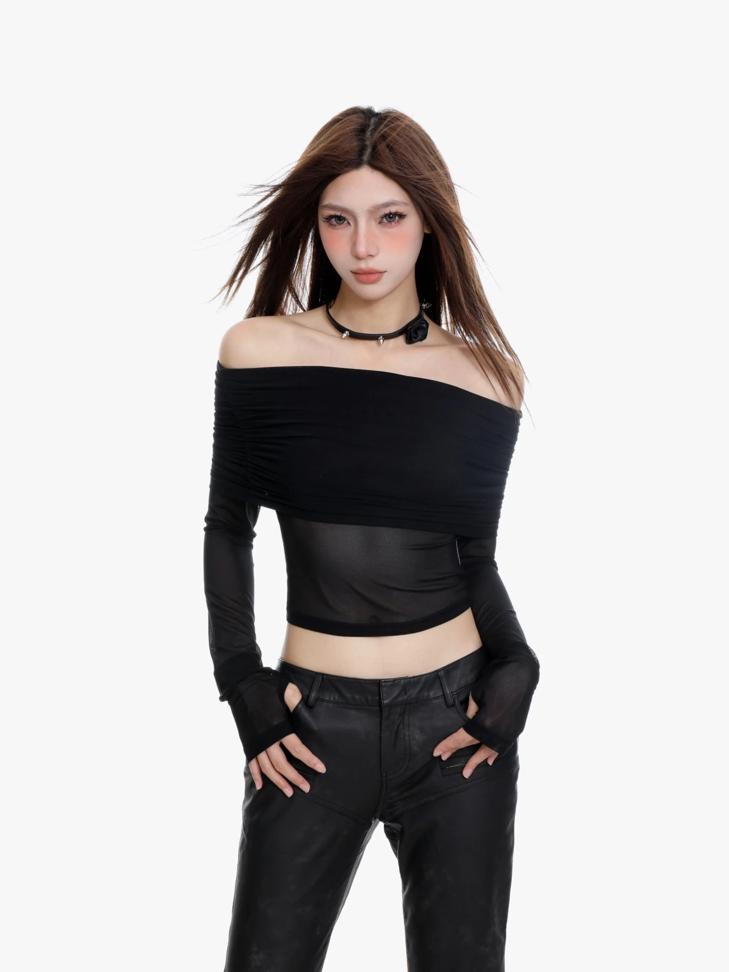 Off-Shoulder Layered Sheer Sleeve Crop Top 6 Off-Shoulder Layered Sheer Sleeve Crop Top - Image 6