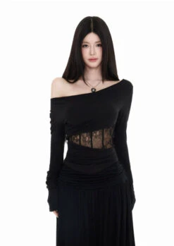 Off Shoulder Lace Panel Top And Ruched Waist Maxi Skirt Two-Piece Set -Modern Wear Shop 3e61c9c5cc993060c98d4239cb7ccb93