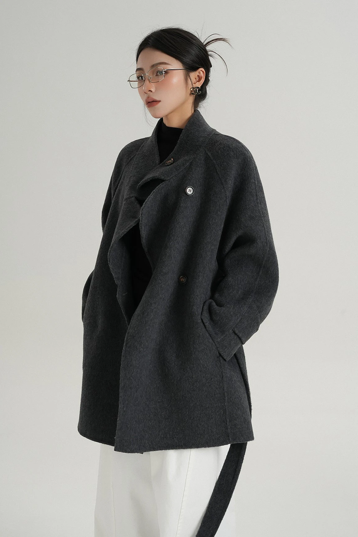High Collar Asymmetric Button Coat With Belt 8 High Collar Asymmetric Button Coat With Belt - Image 8
